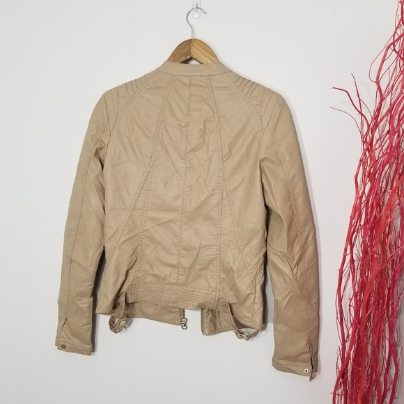 Tan Vegan Faux Leather Pleather Zipper Front Classic Motor Style Jacket Zip Y2K - Picture 4 of 6